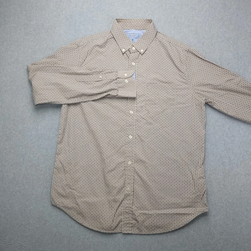 Banana Republic Luxe Poplin Shirt Mens M Beige Geometric Long Sleeve Button Up